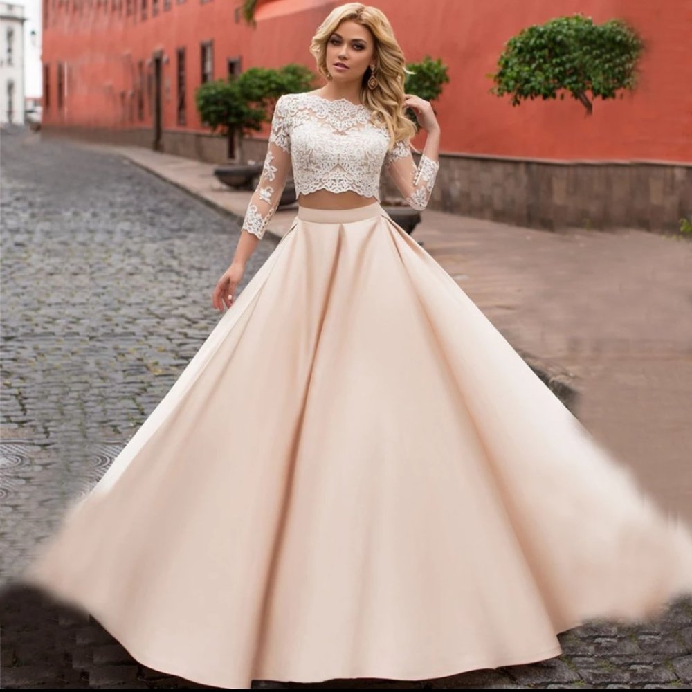 New 2pieces White -Champagne Bride Wedding dress